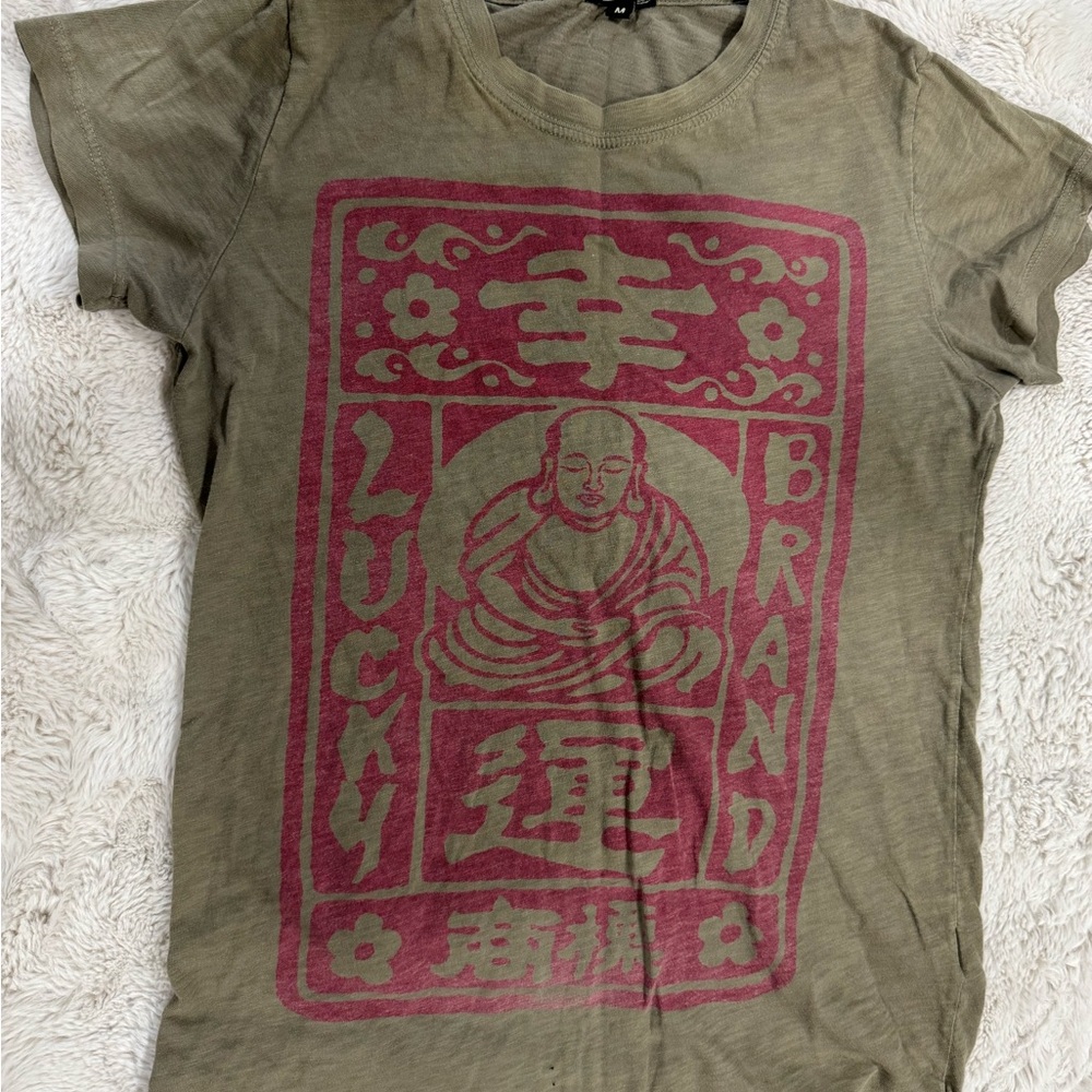 Vintage Lucky Brand Olive Green Tee with Red Graphic